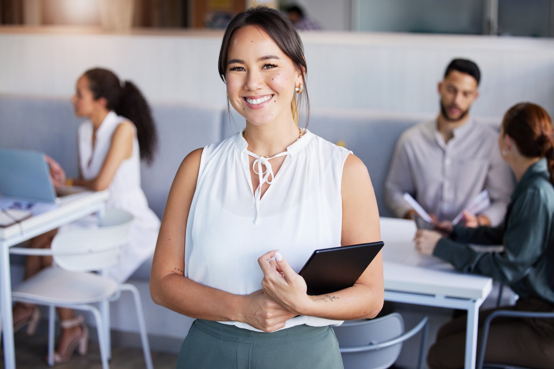 Businesswoman, office and portrait with tablet,