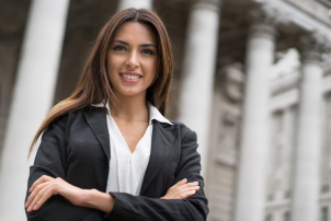 Woman in front of courthouse